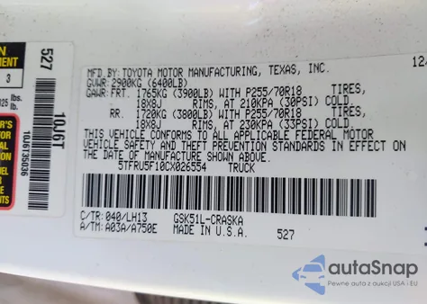 2012 Toyota Tundra Grade V6 из США, поврежденный, VIN 5TFRU5F10CX026554